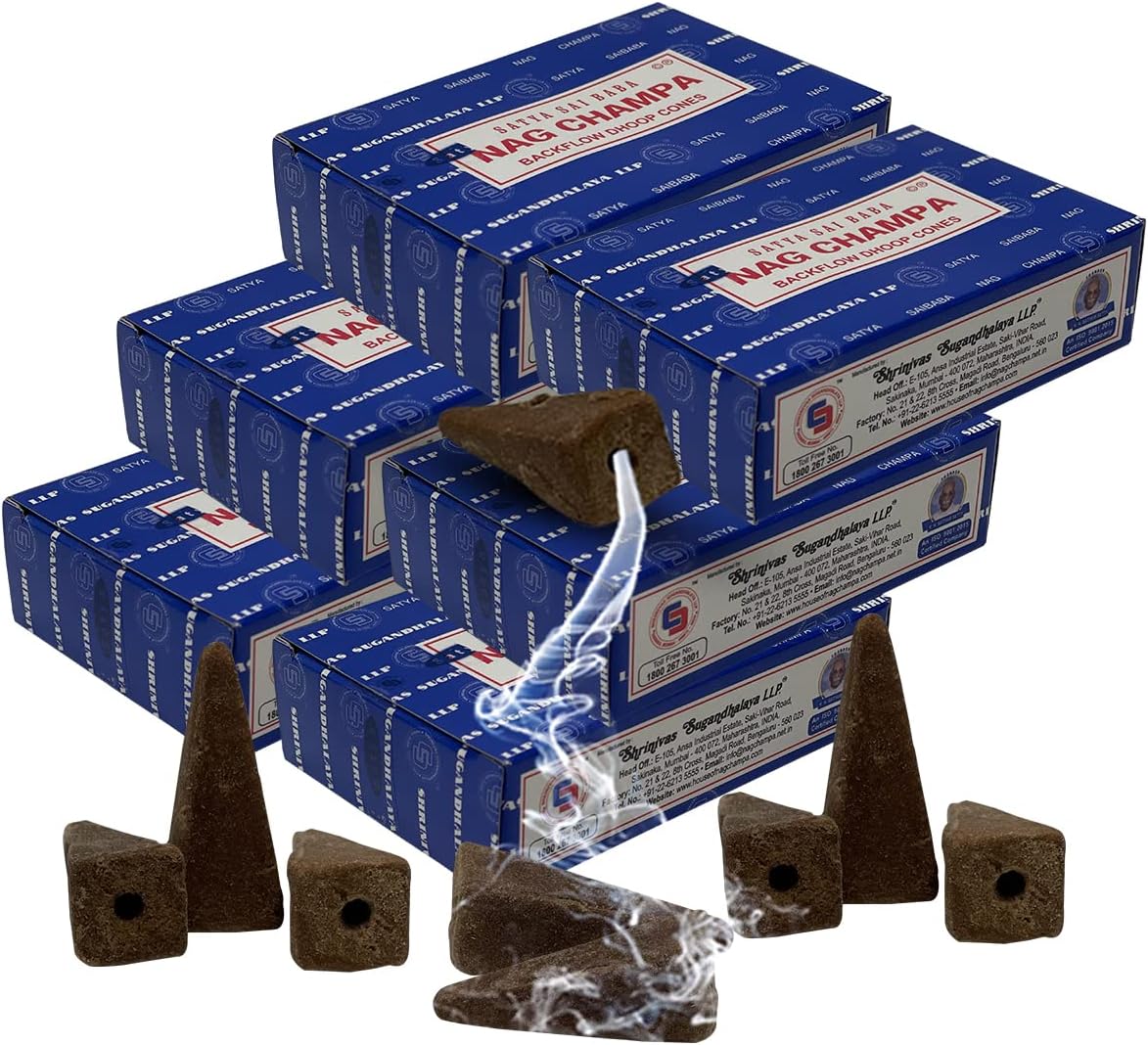 Nag Champa Backflow Incense Cones for Waterfall Aromatic Smoke Fountain Haze Falls and Mat Bundle - Pack of 6