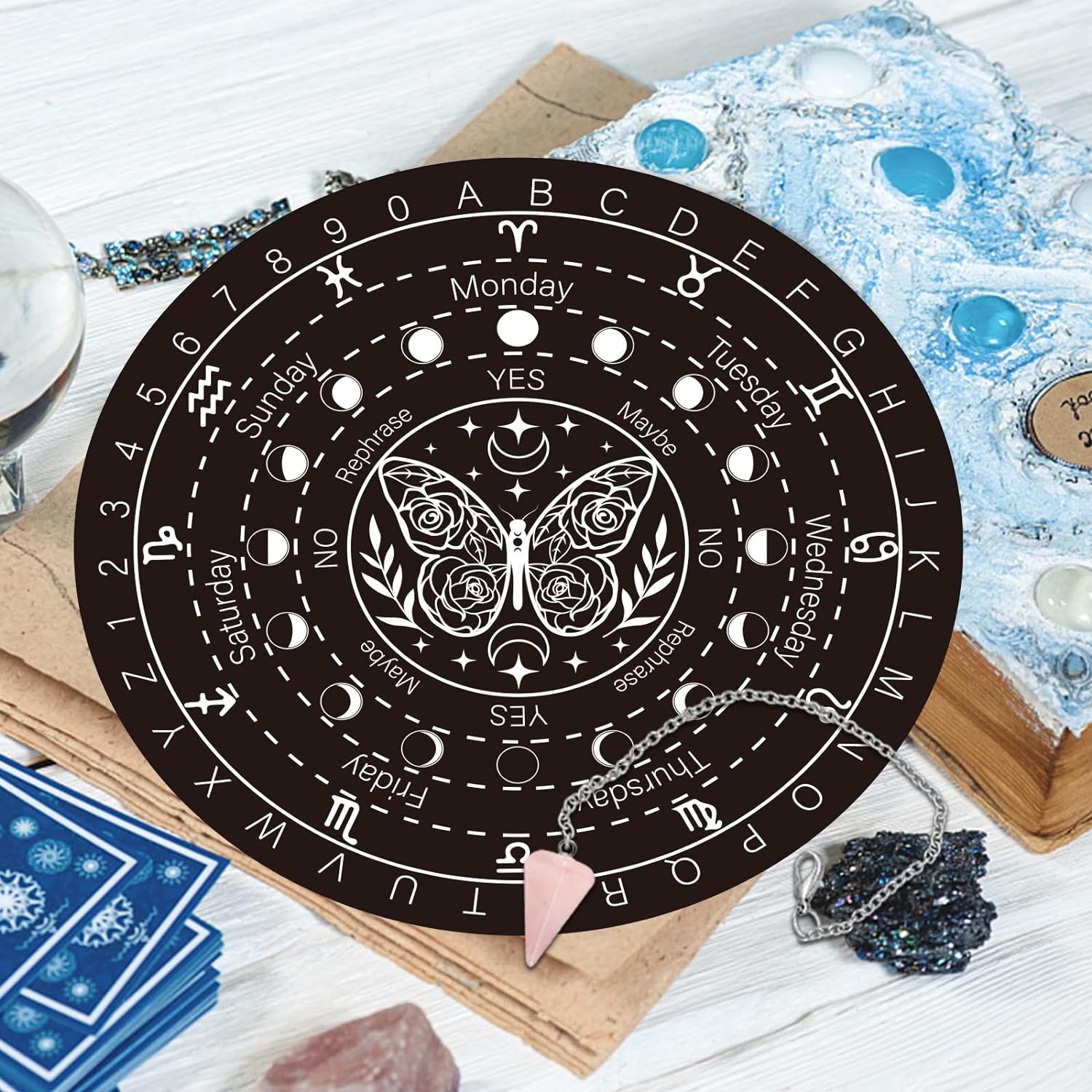 Large Wooden Pendulum Board with Pendulum Included 10" Large round Wooden Pendulum Board Dowsing Divination Metaphysical Board Witchcraft Wiccan Altar Supply Occult