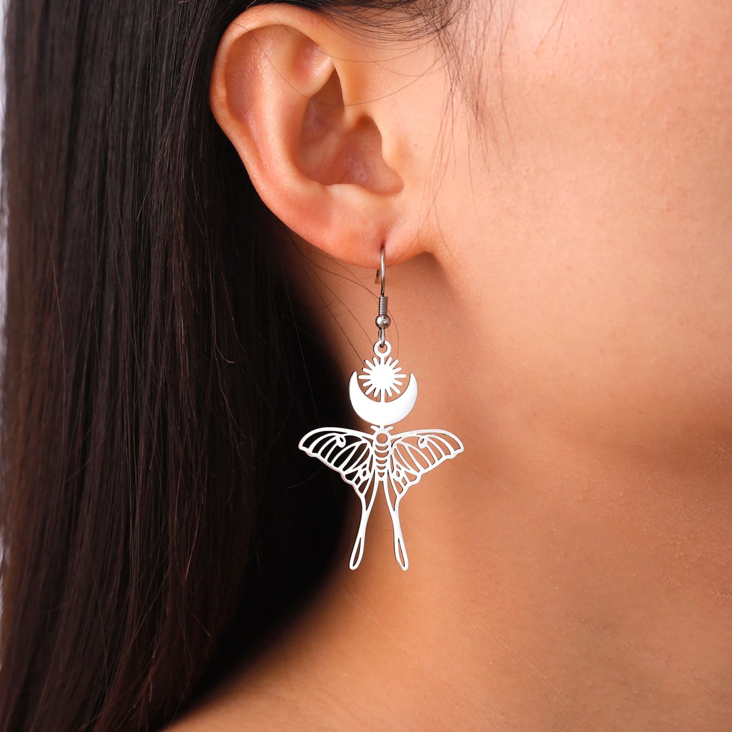 Elegant Esoteric Sun Moon Luna Moth Drop Earrings