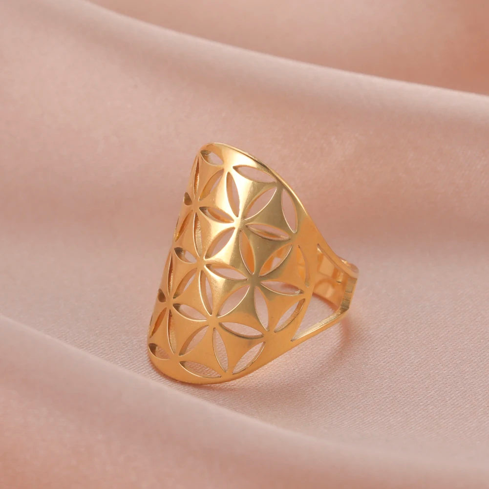 Flower of Life Rings Gold Color Stainless Steel Sacred Geometry Resizable Ring Jewelry