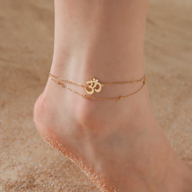 OM Anklet Women Stainless Steel Jewelry Double Layer Chain Ankle Bracelet Summer Accessories