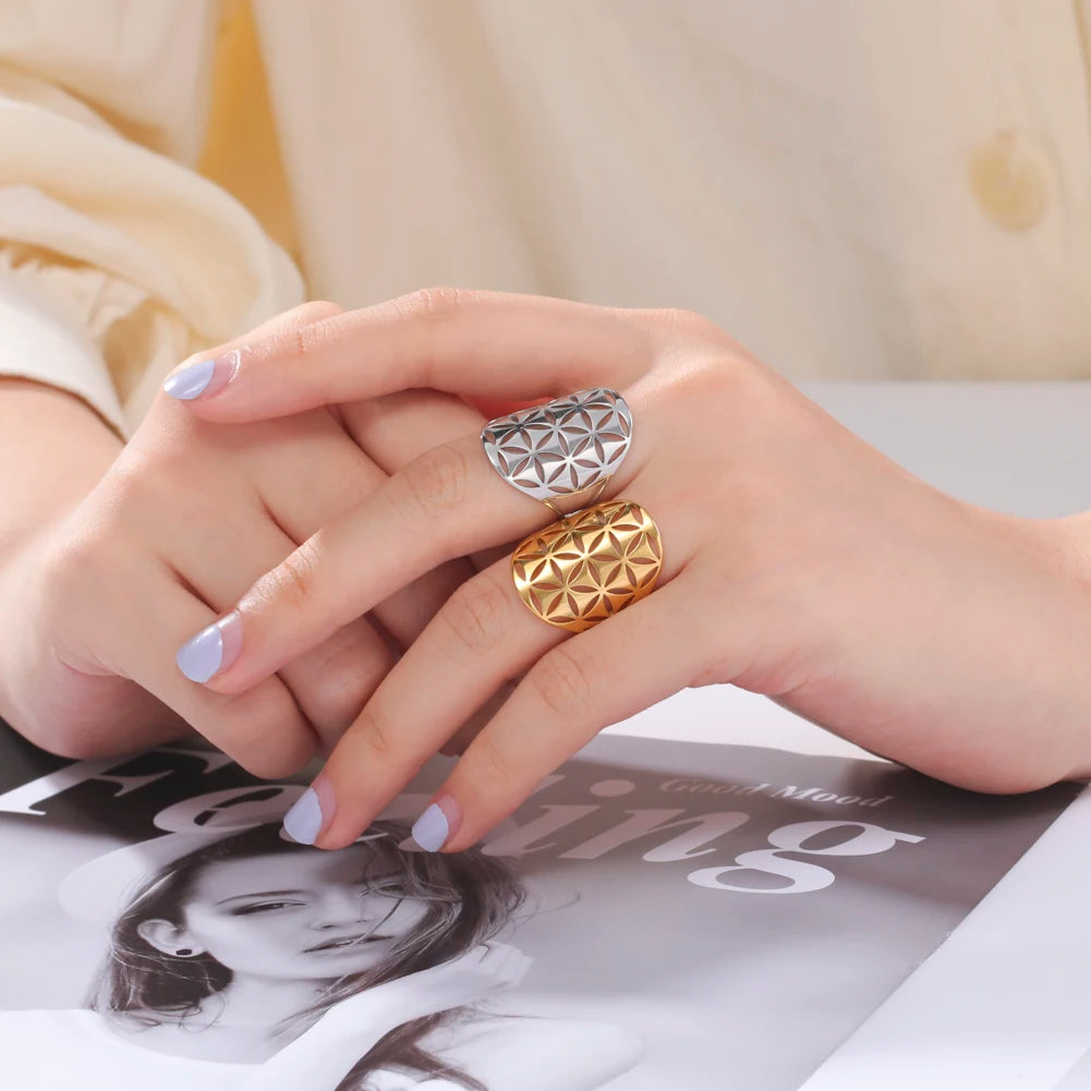 Flower of Life Rings Gold Color Stainless Steel Sacred Geometry Resizable Ring Jewelry