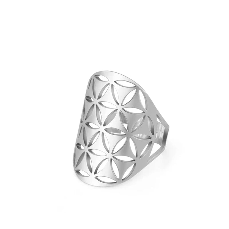 Flower of Life Rings Gold Color Stainless Steel Sacred Geometry Resizable Ring Jewelry