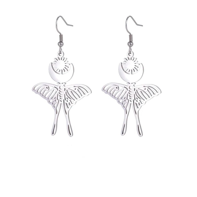 Elegant Esoteric Sun Moon Luna Moth Drop Earrings
