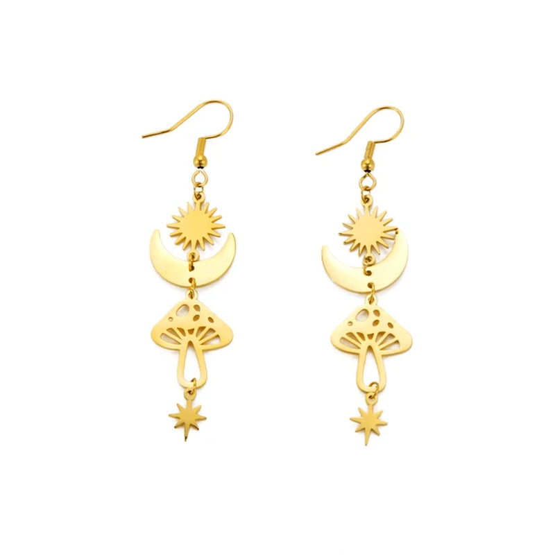 Star Sun Crescent Moon Mushroom Staineless Steel Dangle Earrings