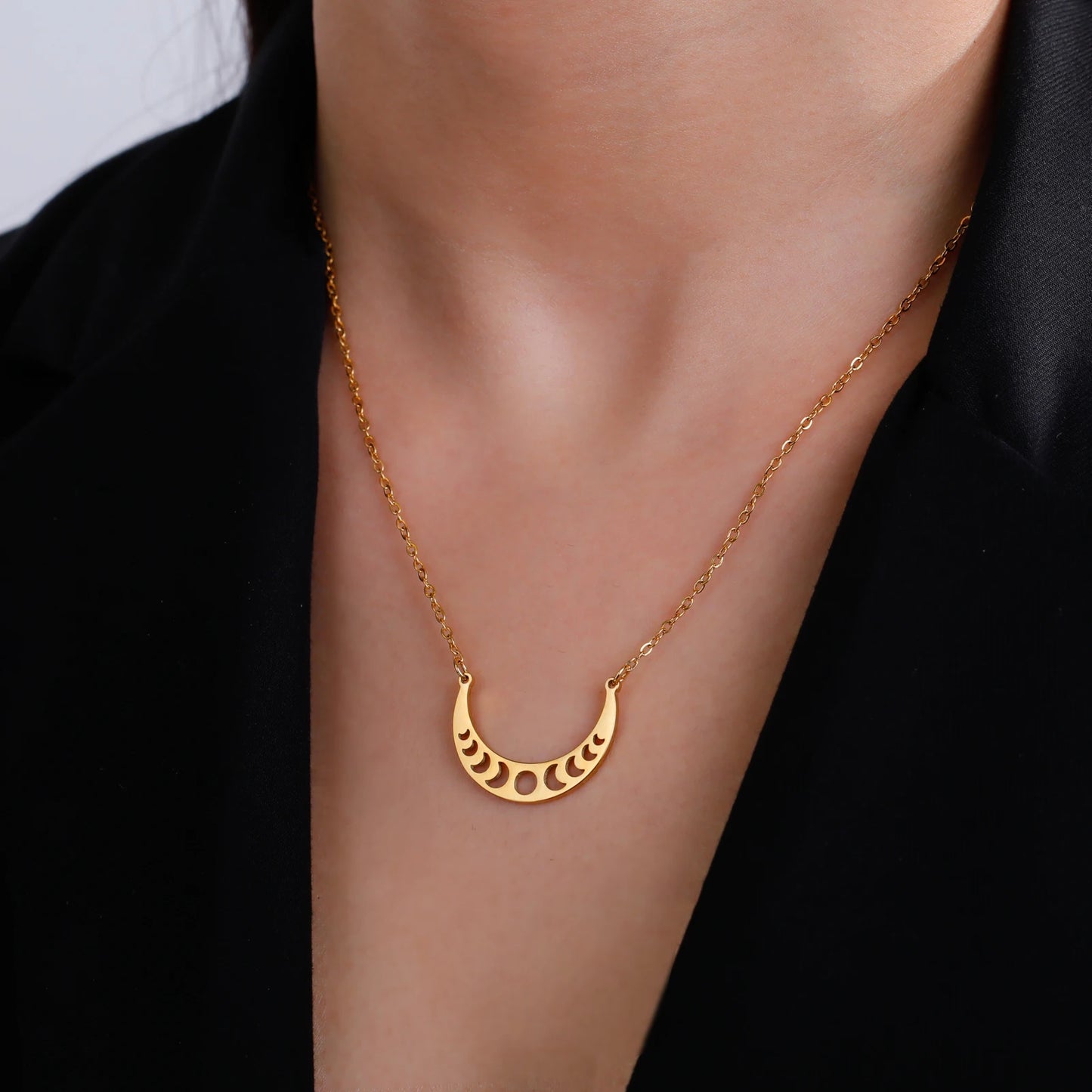 Moon Phase Necklace Stainless Steel Fashion Crescent Moon Jewelry Celestial Moon
