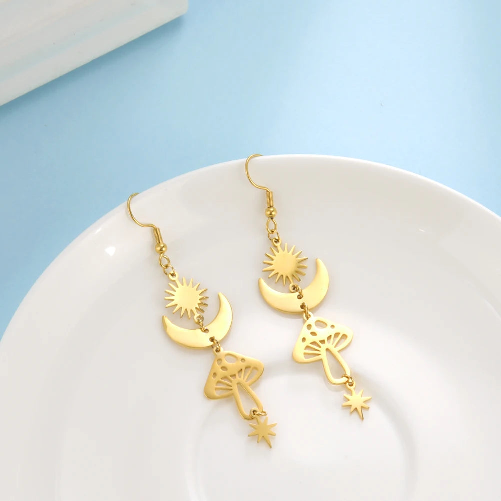 Star Sun Crescent Moon Mushroom Staineless Steel Dangle Earrings