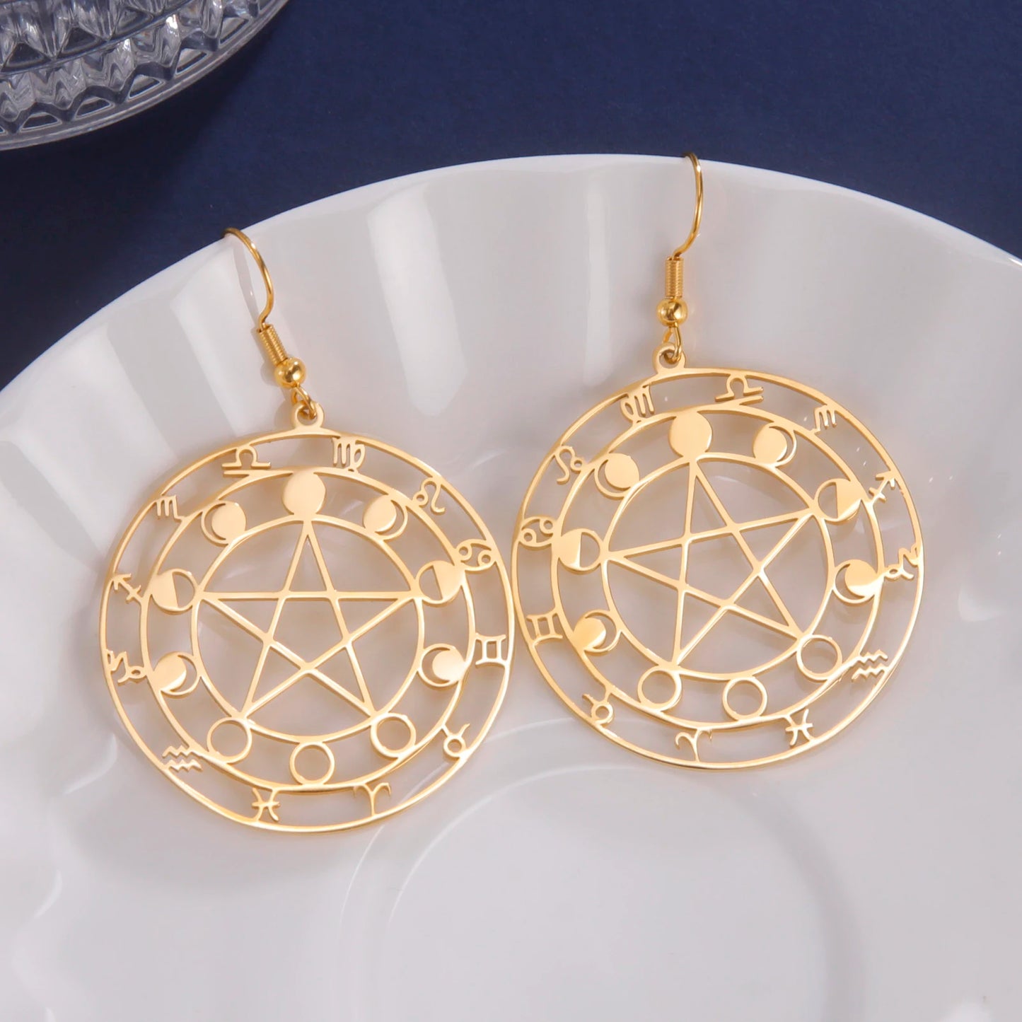 Moon Phase Pentacle Zodiac round Dangle Earrings Stainless Steel Pentagram Jewelry