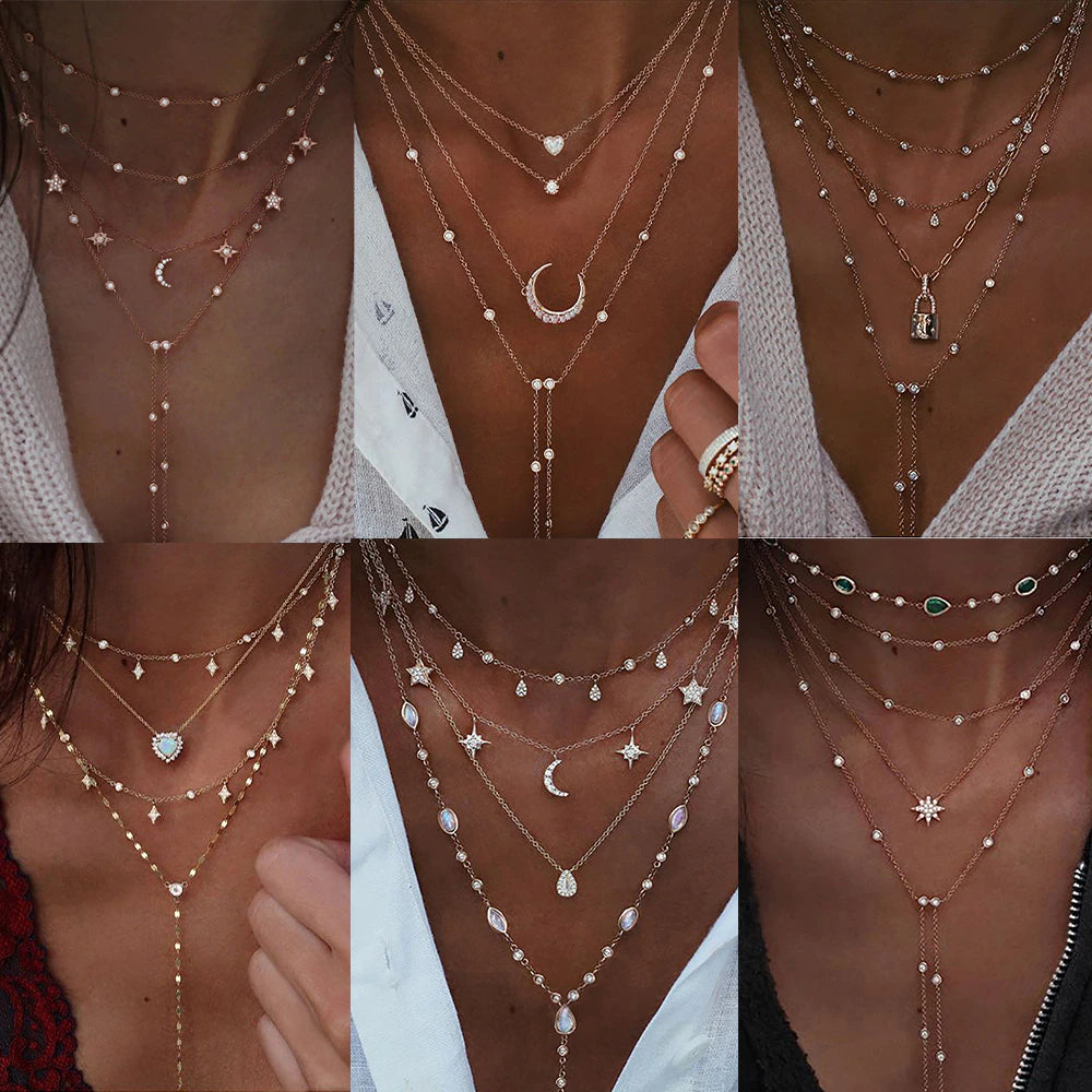New Vintage Crystal Geometry Star Moon Lock Necklace for Women 2024 Boho Multi-Level Pendants Necklaces Chokers Jewelry