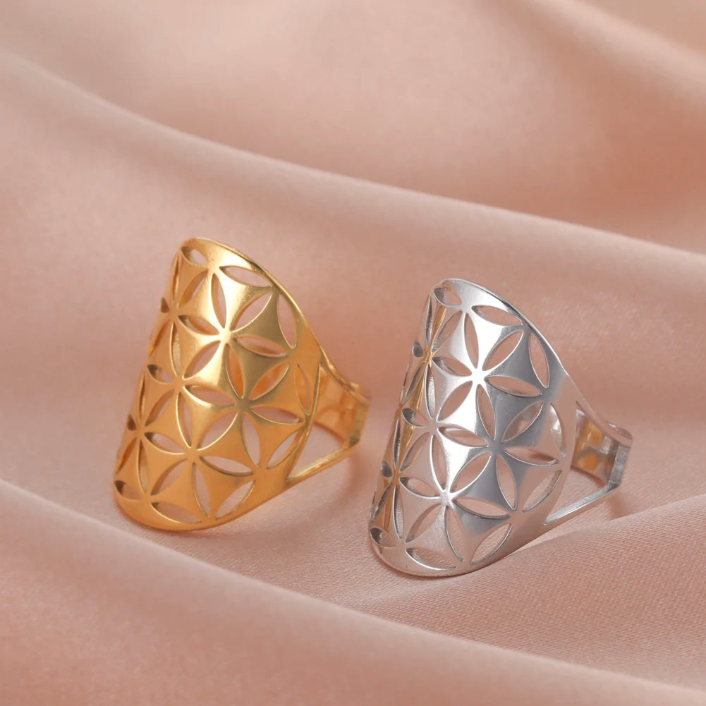 Flower of Life Rings Gold Color Stainless Steel Sacred Geometry Resizable Ring Jewelry