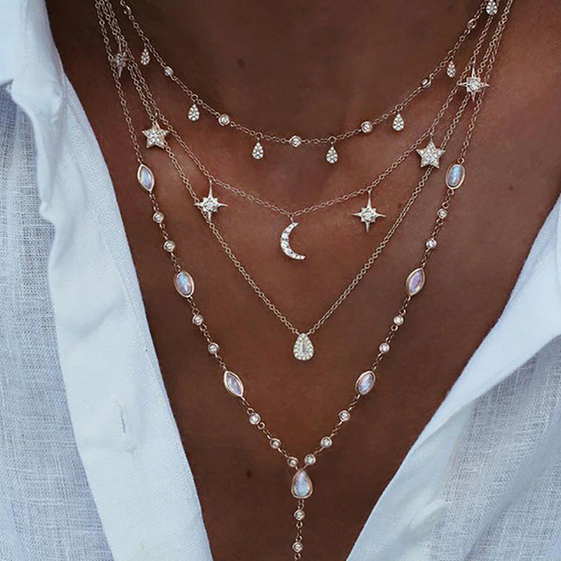 New Vintage Crystal Geometry Star Moon Lock Necklace for Women 2024 Boho Multi-Level Pendants Necklaces Chokers Jewelry