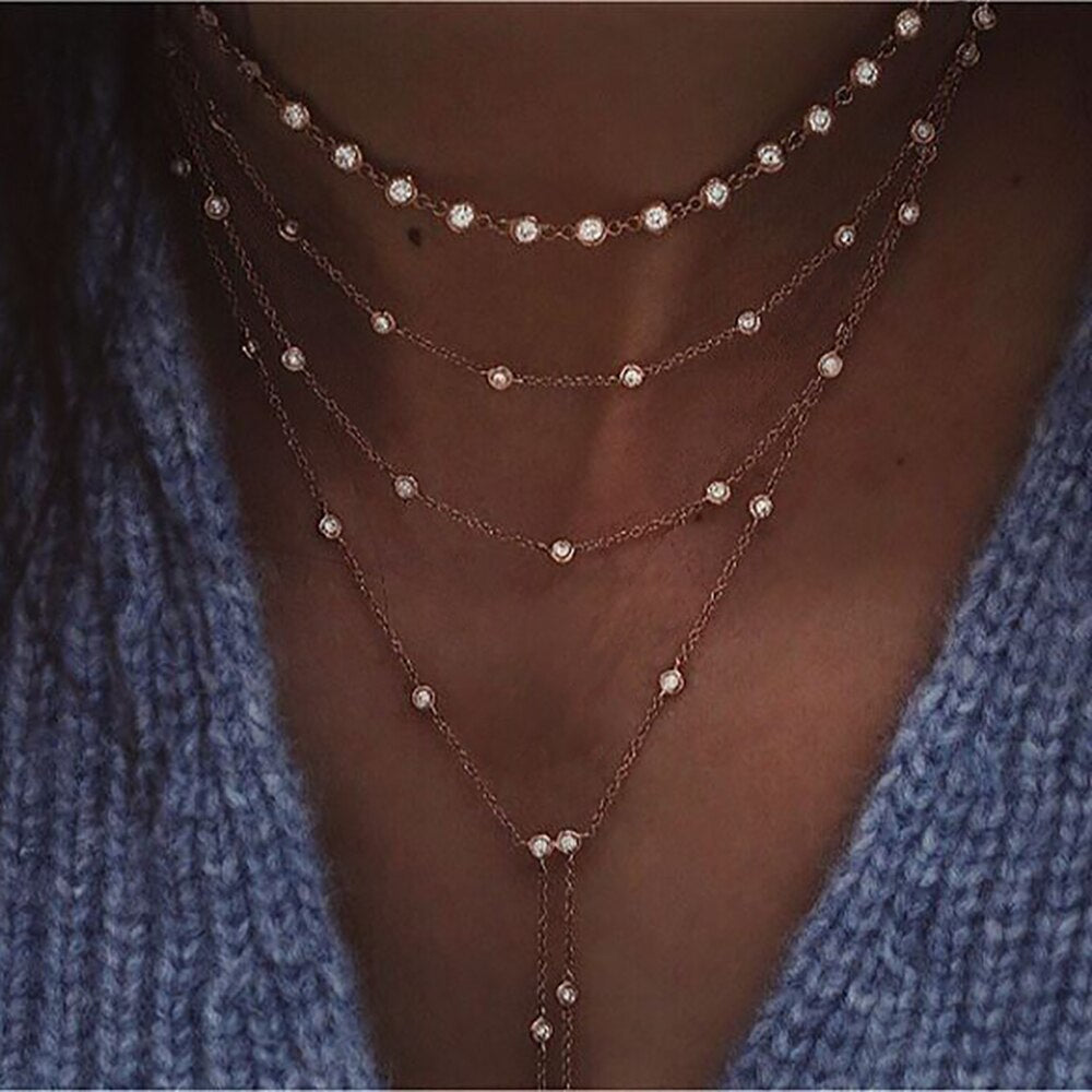 New Vintage Crystal Geometry Star Moon Lock Necklace for Women 2024 Boho Multi-Level Pendants Necklaces Chokers Jewelry