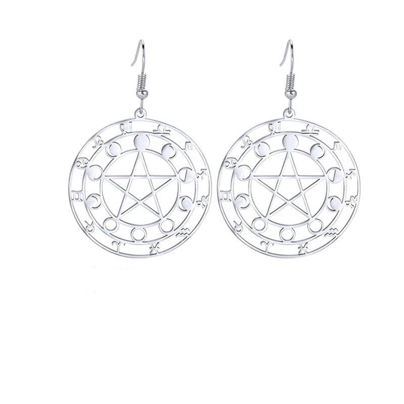 Moon Phase Pentacle Zodiac round Dangle Earrings Stainless Steel Pentagram Jewelry