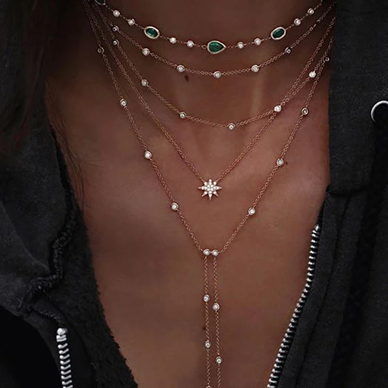 New Vintage Crystal Geometry Star Moon Lock Necklace for Women 2024 Boho Multi-Level Pendants Necklaces Chokers Jewelry
