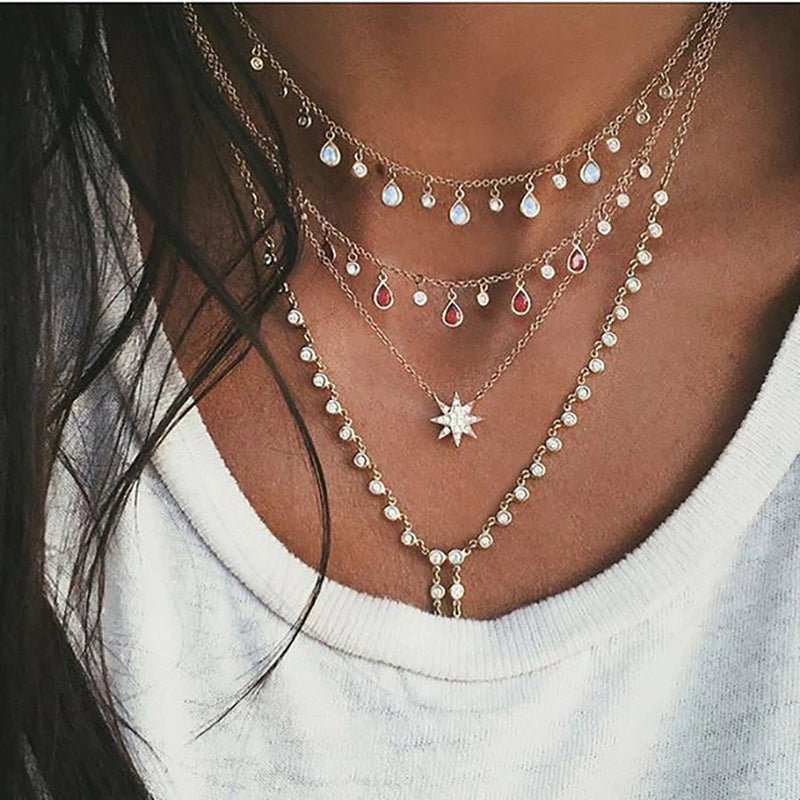 New Vintage Crystal Geometry Star Moon Lock Necklace for Women 2024 Boho Multi-Level Pendants Necklaces Chokers Jewelry