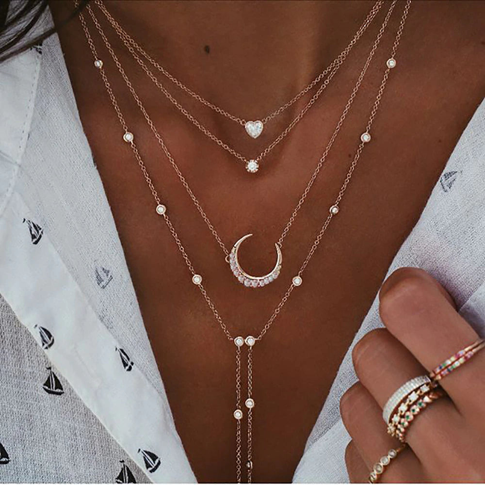 New Vintage Crystal Geometry Star Moon Lock Necklace for Women 2024 Boho Multi-Level Pendants Necklaces Chokers Jewelry