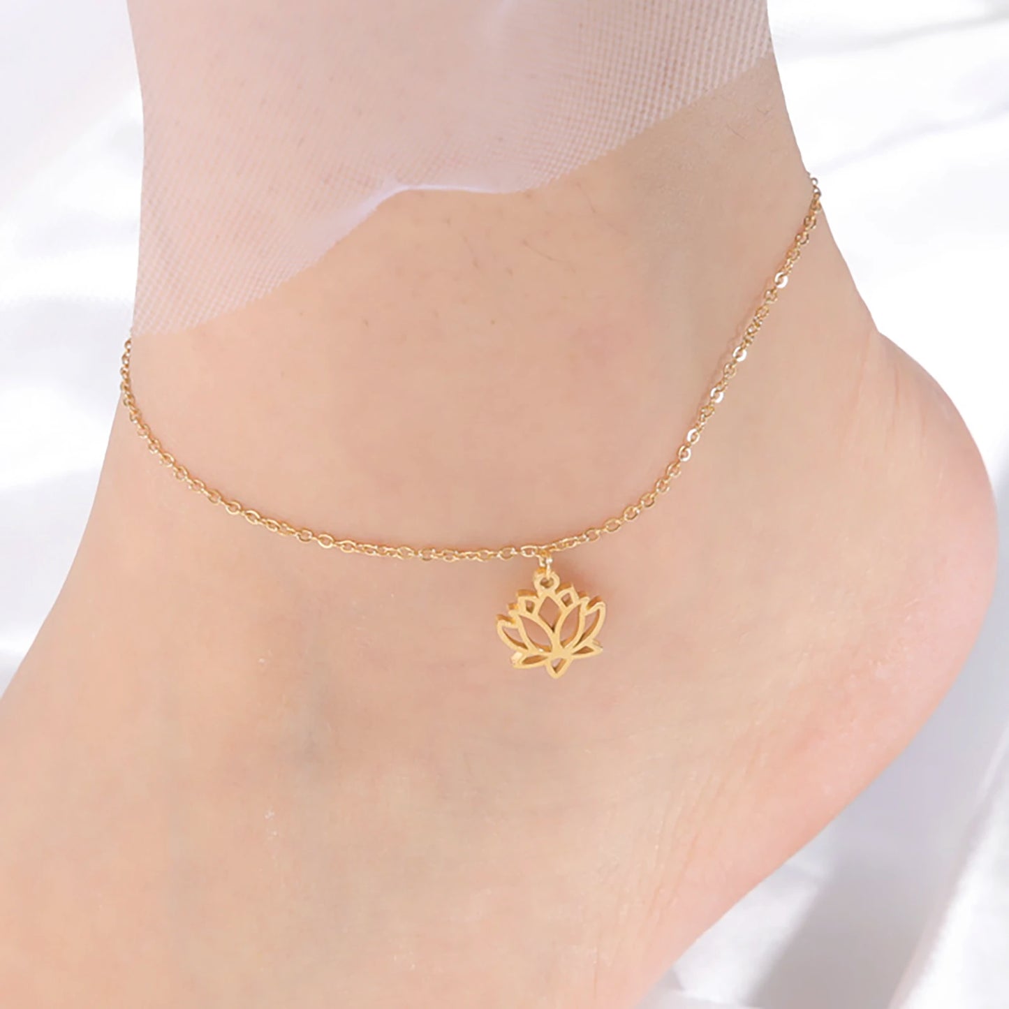 Lotus Flower Anklet Stainless Steel Bohemian Ankle Bracelet Jewelry