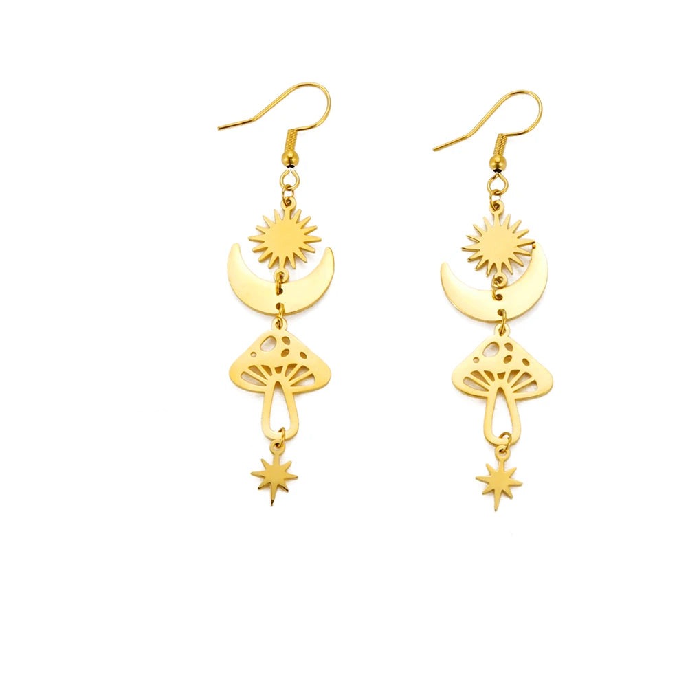 Star Sun Crescent Moon Mushroom Staineless Steel Dangle Earrings