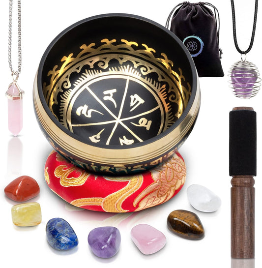 Tibetan Meditation Singing Bowl Set -Rose Quartz Pendant - 7 Chakra Crystal Stones with Cage Necklace- for Meditation, Mindfulness, Yoga and Spiritual Healing and Energy Cleansing (3.5")