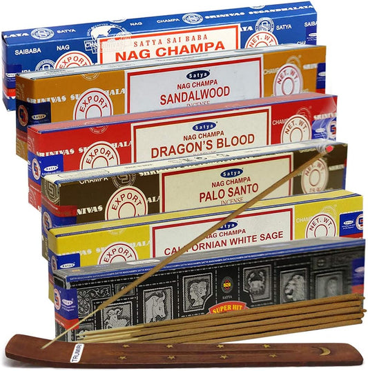 Satya Incense Sticks Variety Pack and Incense Stick Holder Bundle with 6 Most Popular Fragrances
