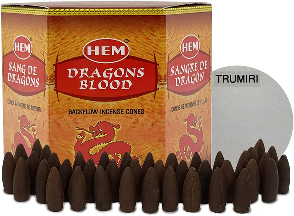 Dragons Blood Hem Backflow Incense Cones for Waterfall Aromatic Smoke Fountain Haze Falls Burner Holder and Mat Bundle - 40 Large Back Flow Incense Cones Scented