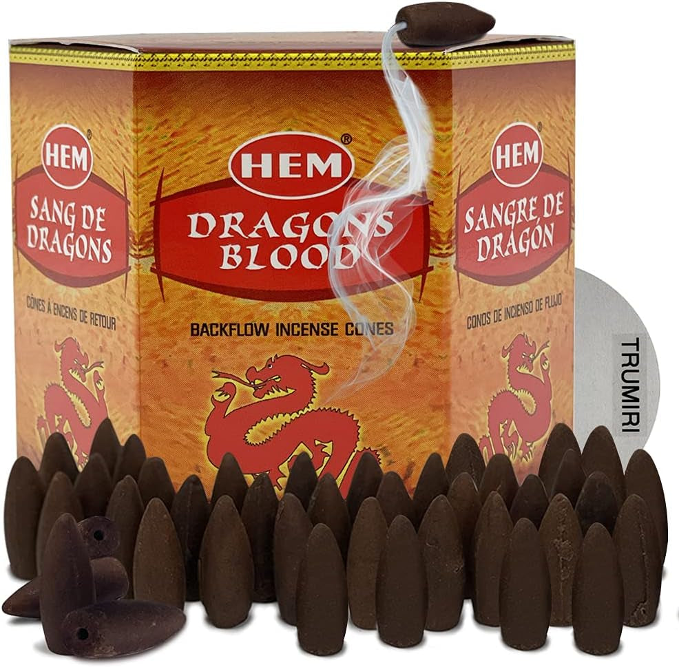 Dragons Blood Hem Backflow Incense Cones for Waterfall Aromatic Smoke Fountain Haze Falls Burner Holder and Mat Bundle - 40 Large Back Flow Incense Cones Scented