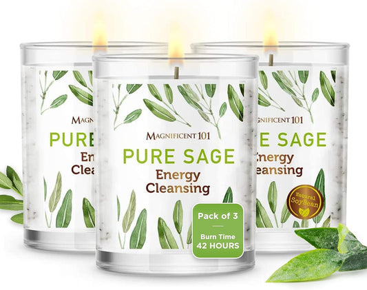 Set of 3 Long Lasting Pure Sage Smudge Candles | 42 Hour Burn - 3.5 Oz Each | Made of Soy Wax Candle for House Energy Cleansing, Meditation & Manifestation
