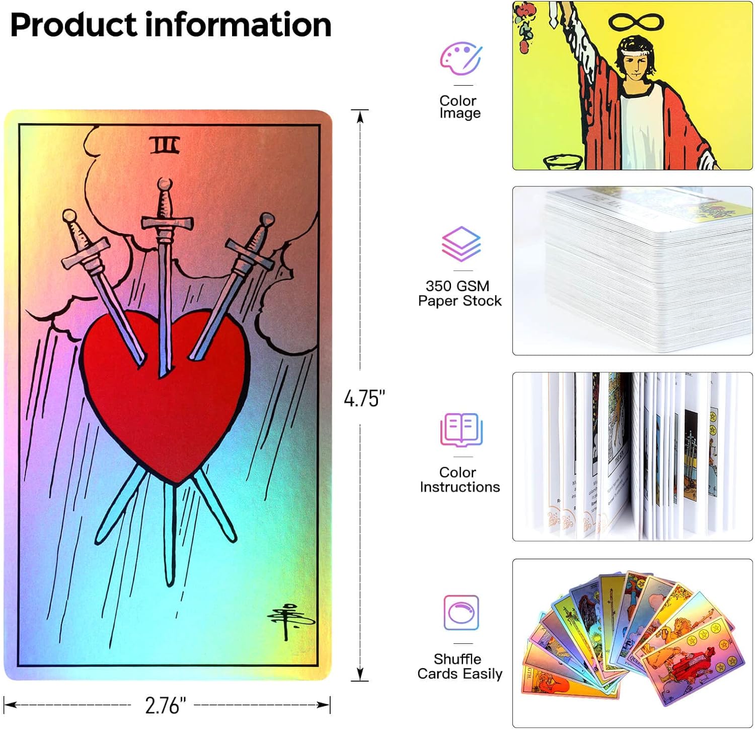 Tarot Cards Holographic Rainbow Tarot Cards Deck, Tarot Card and Book Sets for Beginners, Holographic Tarot Deck