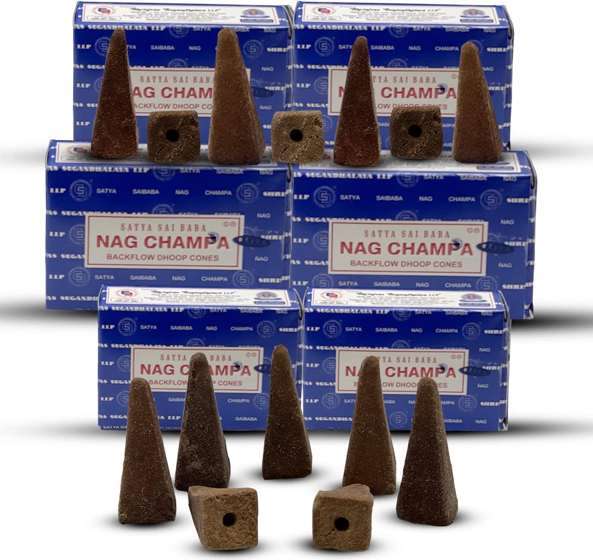 Nag Champa Backflow Incense Cones for Waterfall Aromatic Smoke Fountain Haze Falls and Mat Bundle - Pack of 6