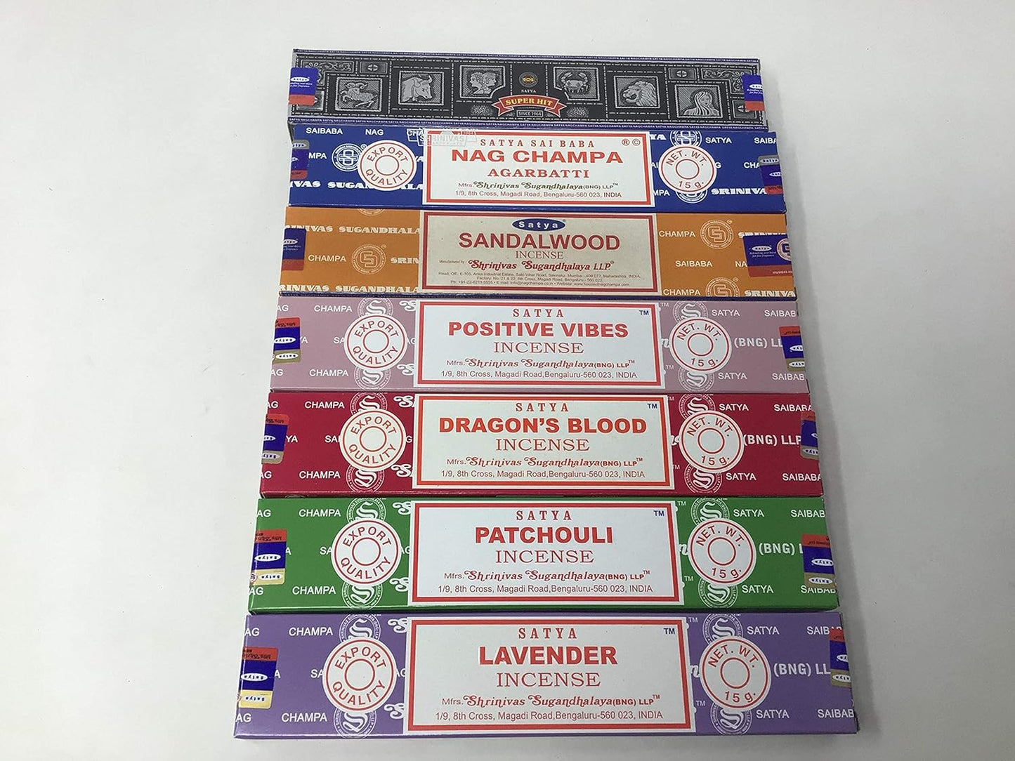 Satya Incense Bundle Set Nag Champa, Super Hit, Dragon'S Blood, Sandalwood, Patchouli, Lavender, Positive Vibes, 15 G