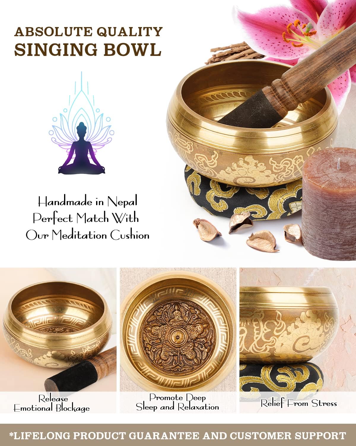 4.5” Large Tibetan Singing Bowls, Singing Sound Bowl Handcrafted in Nepal for Yoga,Chakra Healing,Stress Relief Self Care Gifts for Women and Men Christmas Gifts (4.5" Buddha)