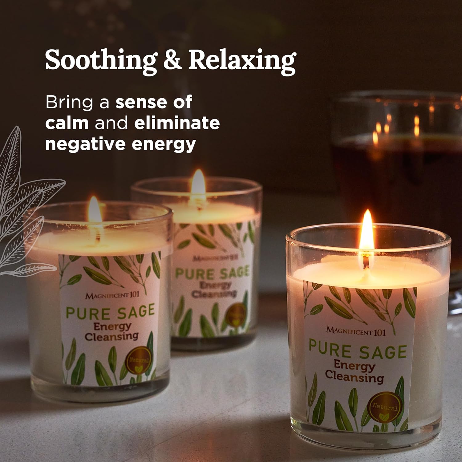 Set of 3 Long Lasting Pure Sage Smudge Candles | 42 Hour Burn - 3.5 Oz Each | Made of Soy Wax Candle for House Energy Cleansing, Meditation & Manifestation