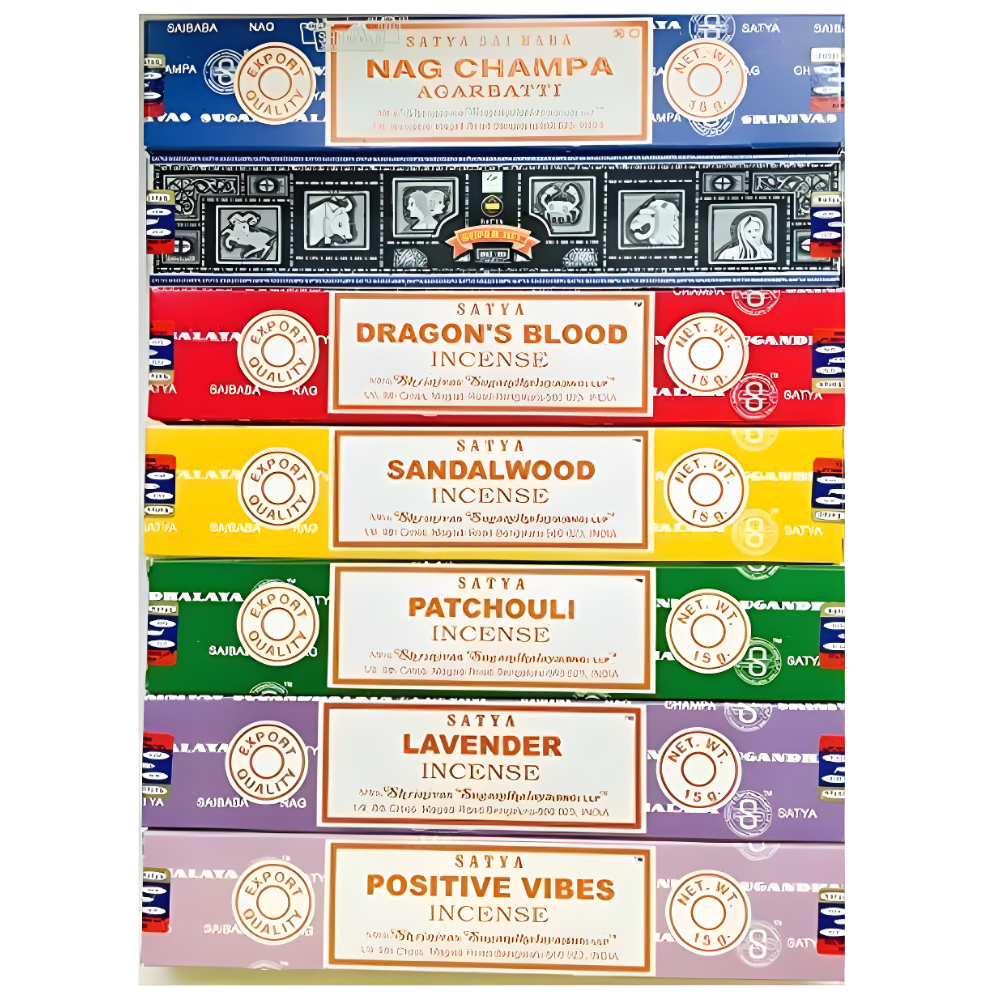 Satya Incense Bundle Set Nag Champa, Super Hit, Dragon'S Blood, Sandalwood, Patchouli, Lavender, Positive Vibes, 15 G