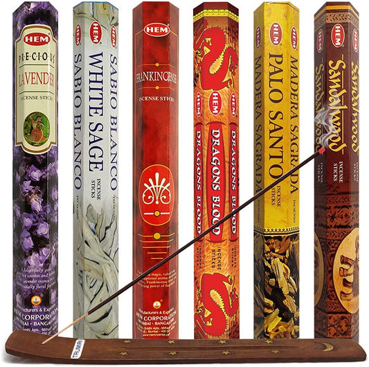 Hem Incense Sticks Variety Pack and Incense Stick Bundle with incense holder - 6 Classic Fragrances