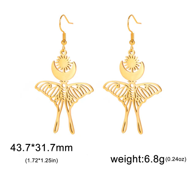 Elegant Esoteric Sun Moon Luna Moth Drop Earrings 
