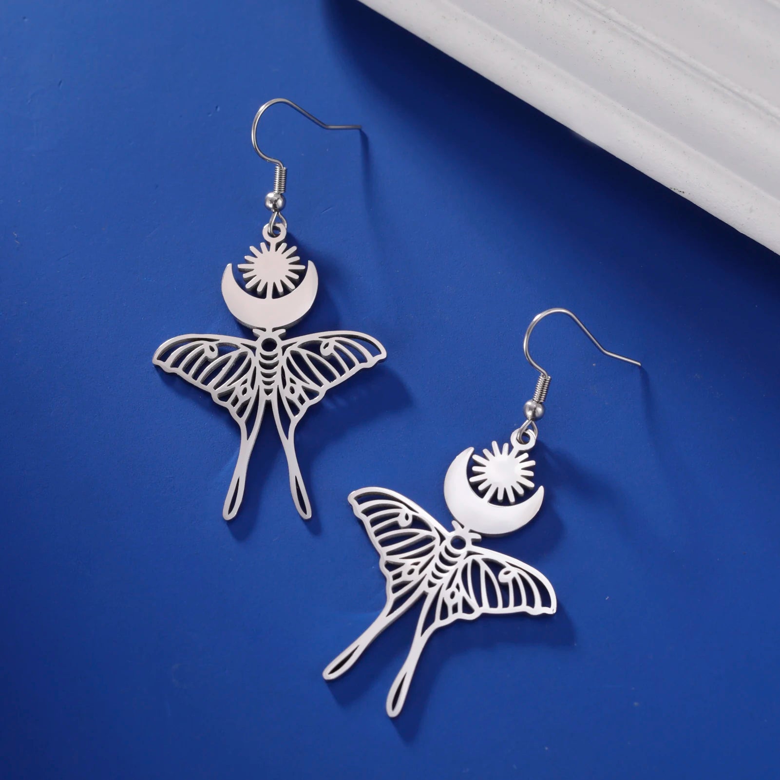 Elegant Esoteric Sun Moon Luna Moth Drop Earrings 