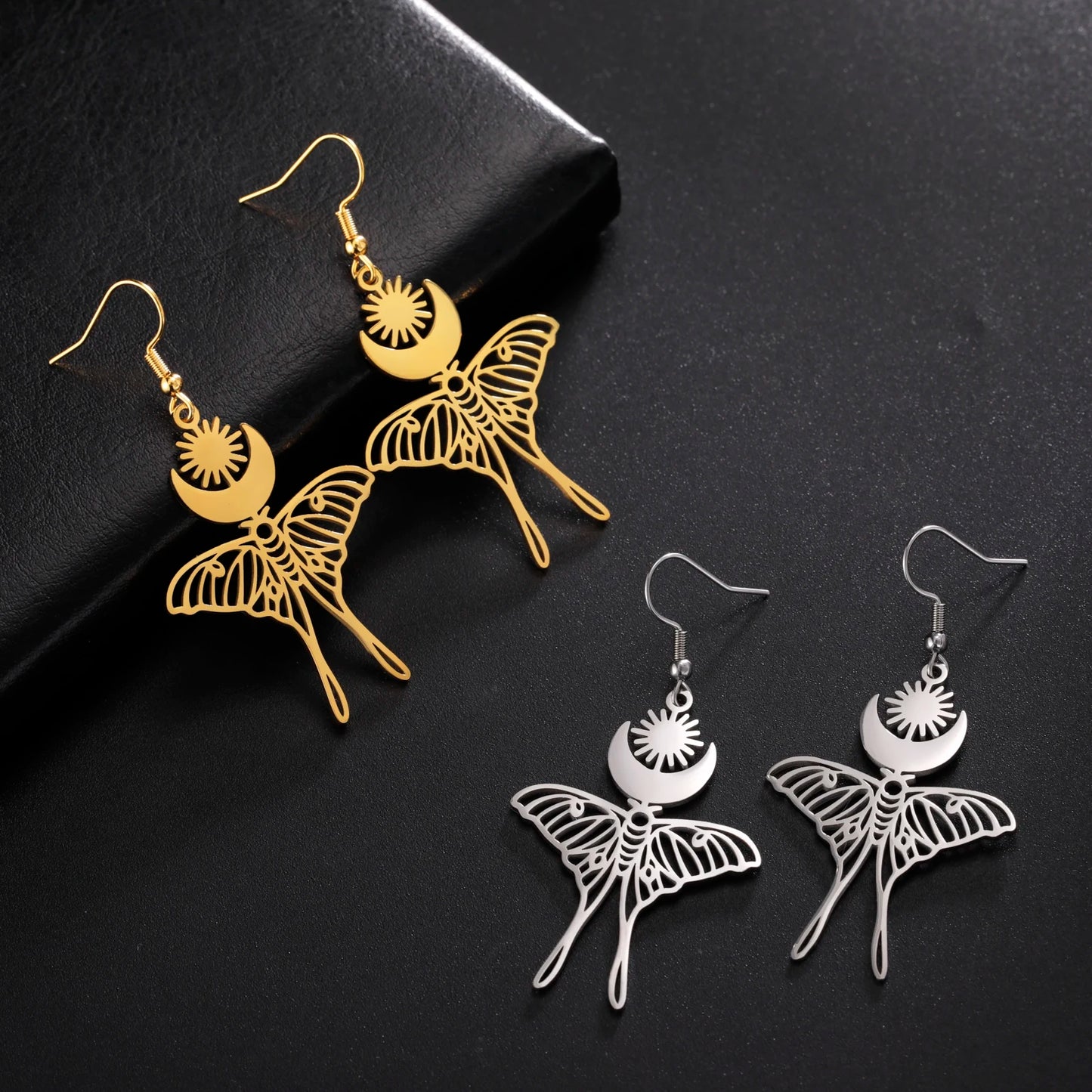 Elegant Esoteric Sun Moon Luna Moth Drop Earrings 