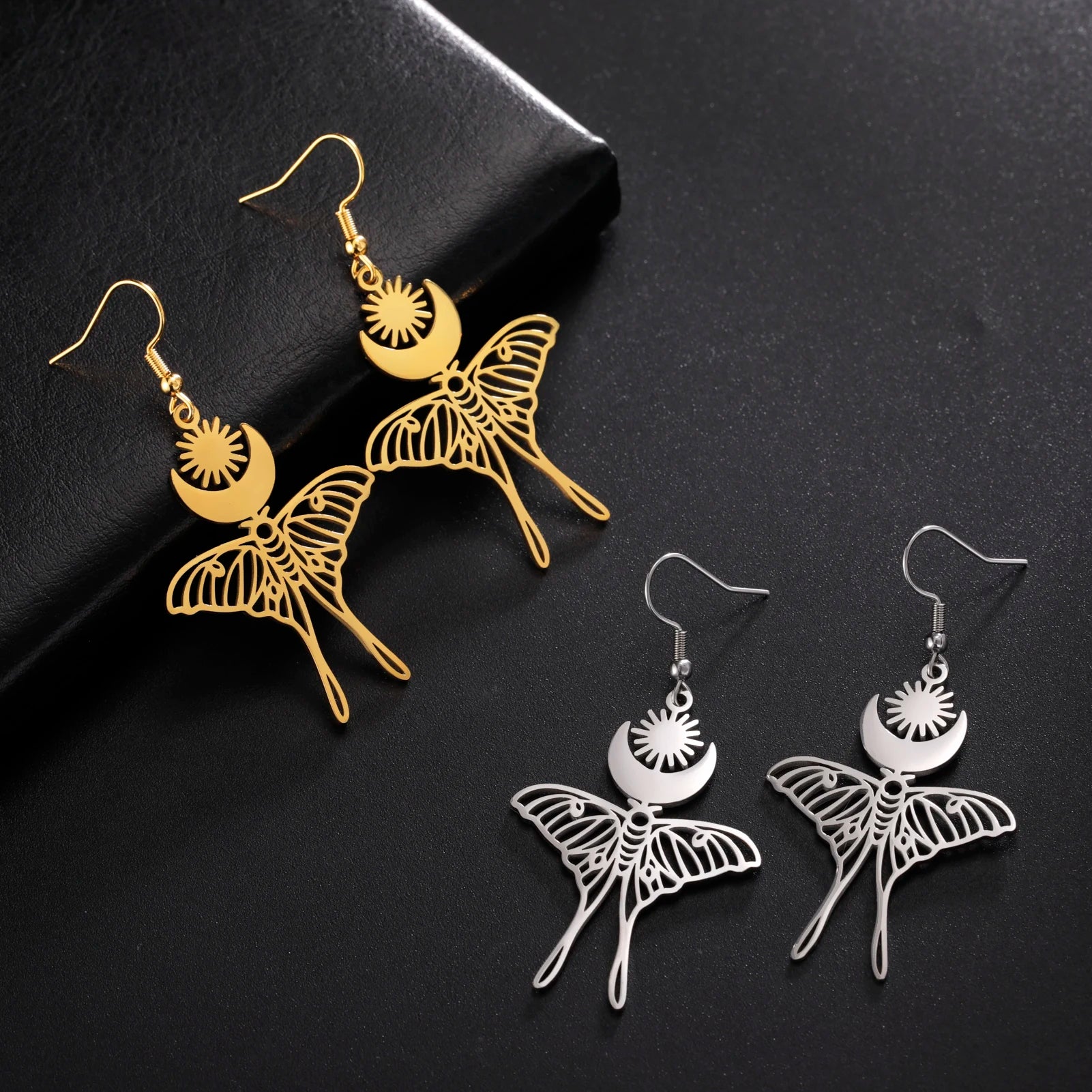 Elegant Esoteric Sun Moon Luna Moth Drop Earrings 
