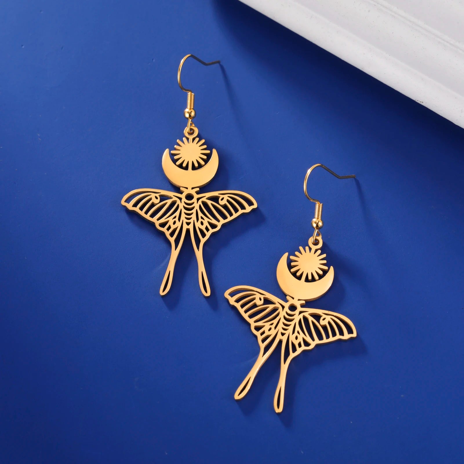 Elegant Esoteric Sun Moon Luna Moth Drop Earrings 