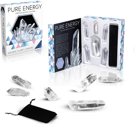 Pure Energy Natural Quartz Crystals – Reiki Crystals for Positivity – 6 PCs with Drawstring Satchel – Clear & Tumbled Rocks – Perfect for Focus, Meditation, Energy Balance, & Home Décor