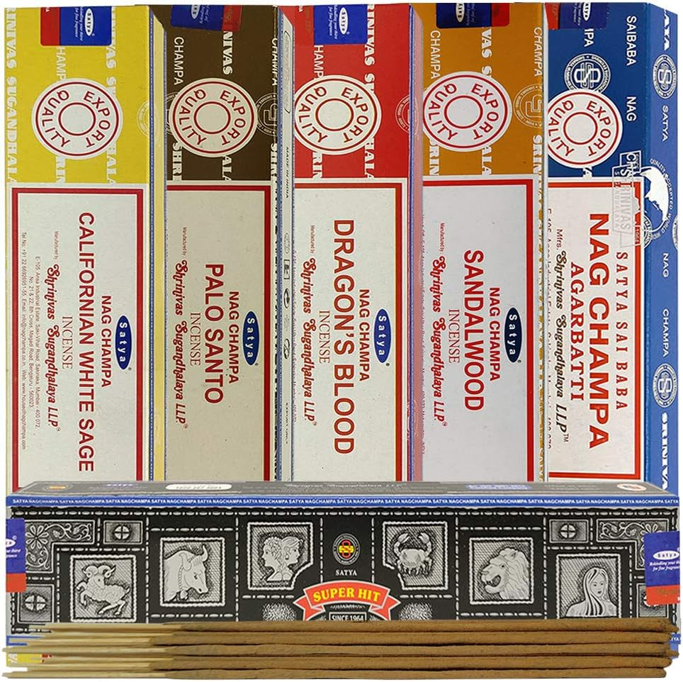 Satya Incense Sticks Variety Pack and Incense Stick Holder Bundle with 6 Most Popular Fragrances