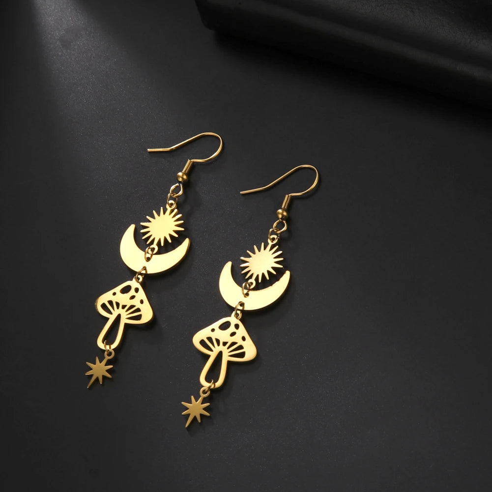 Star Sun Crescent Moon Mushroom Staineless Steel Dangle Earrings 