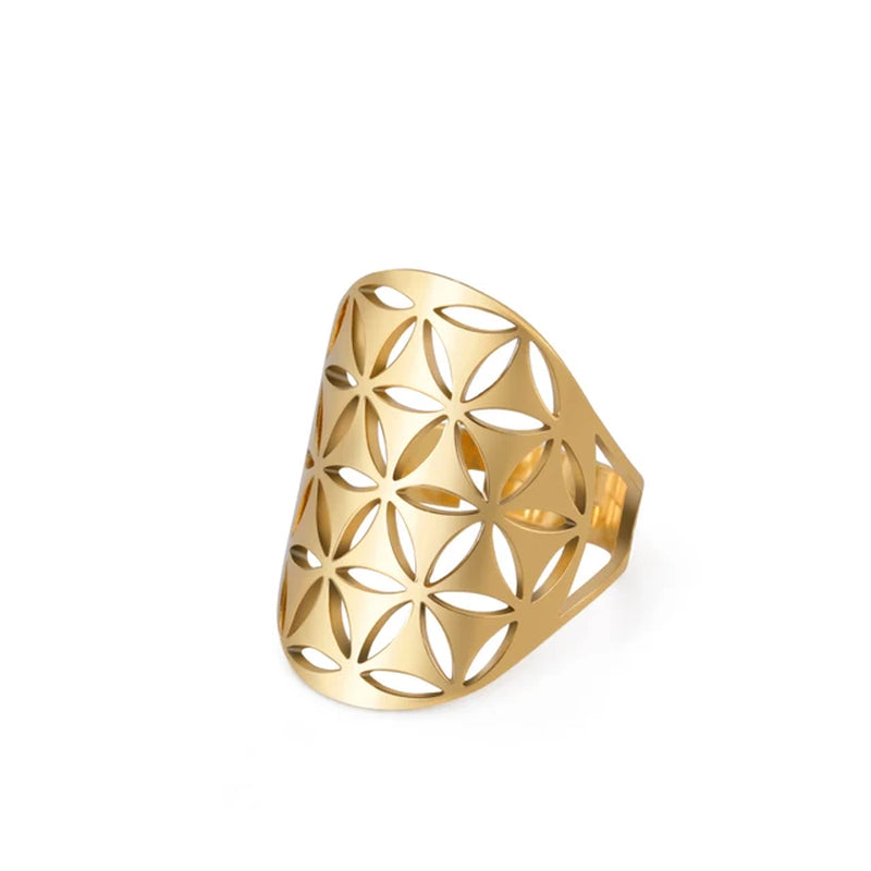 Flower of Life Rings Gold Color Stainless Steel Sacred Geometry Resizable Ring Jewelry 