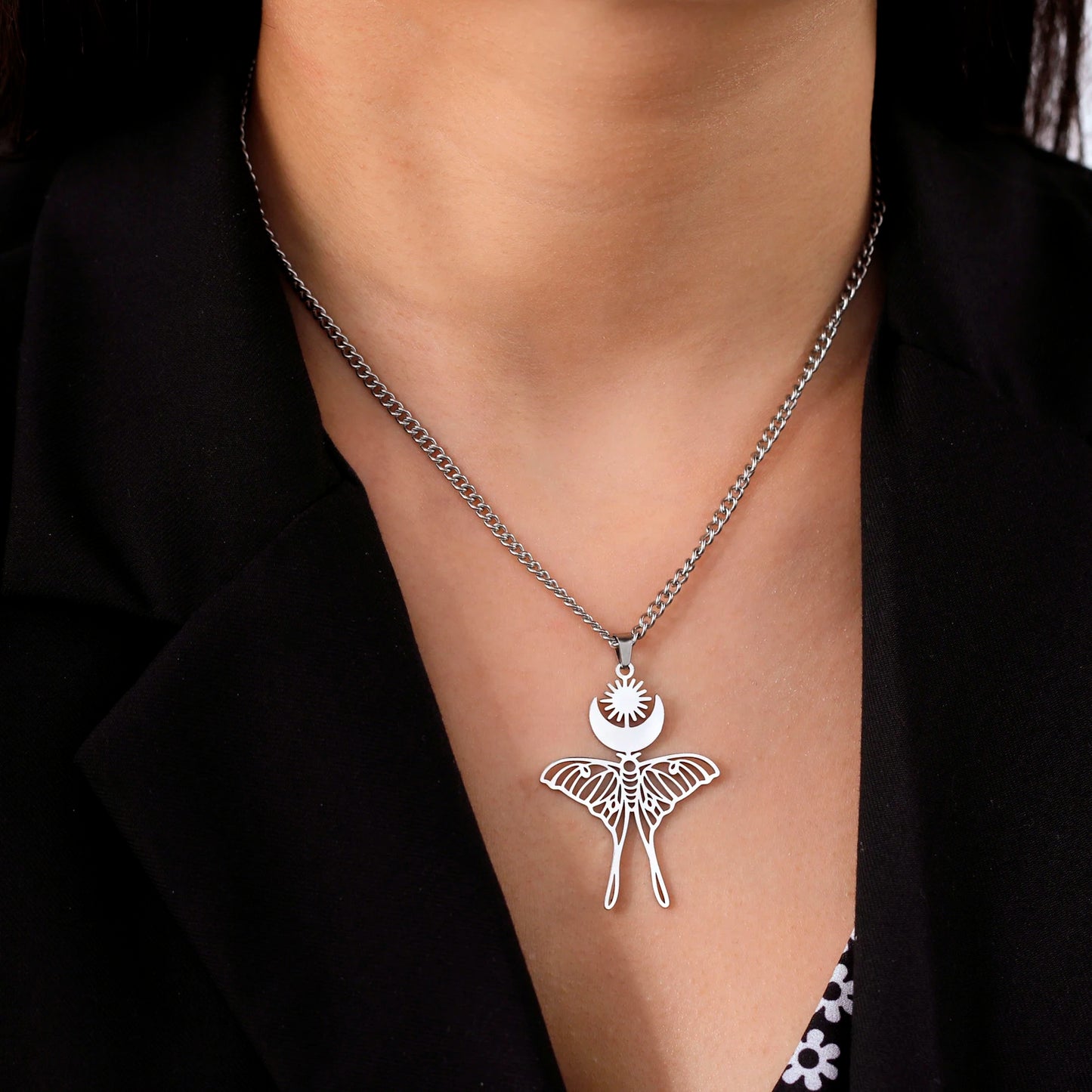 Moon Sun Luna Moth Pendant Necklace Stainless Steel Jewelry