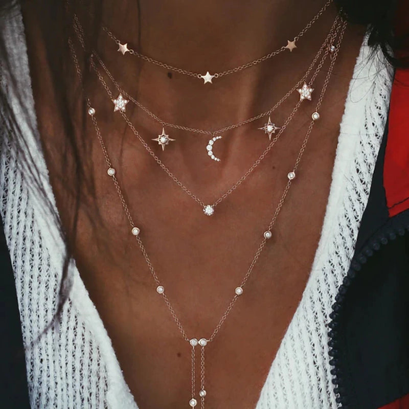 New Vintage Crystal Geometry Star Moon Lock Necklace for Women 2024 Boho Multi-Level Pendants Necklaces Chokers Jewelry 