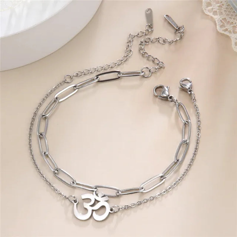 OM Anklet Women Stainless Steel  Jewelry Double Layer Chain Ankle Bracelet Summer Accessories