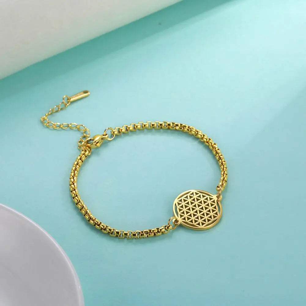 Flower of Life Bracelet Stainless Steel Sacred Geometry Mandala Box Chain Bracelets Bangle Pulseira Jewelry Gifts for Women Men