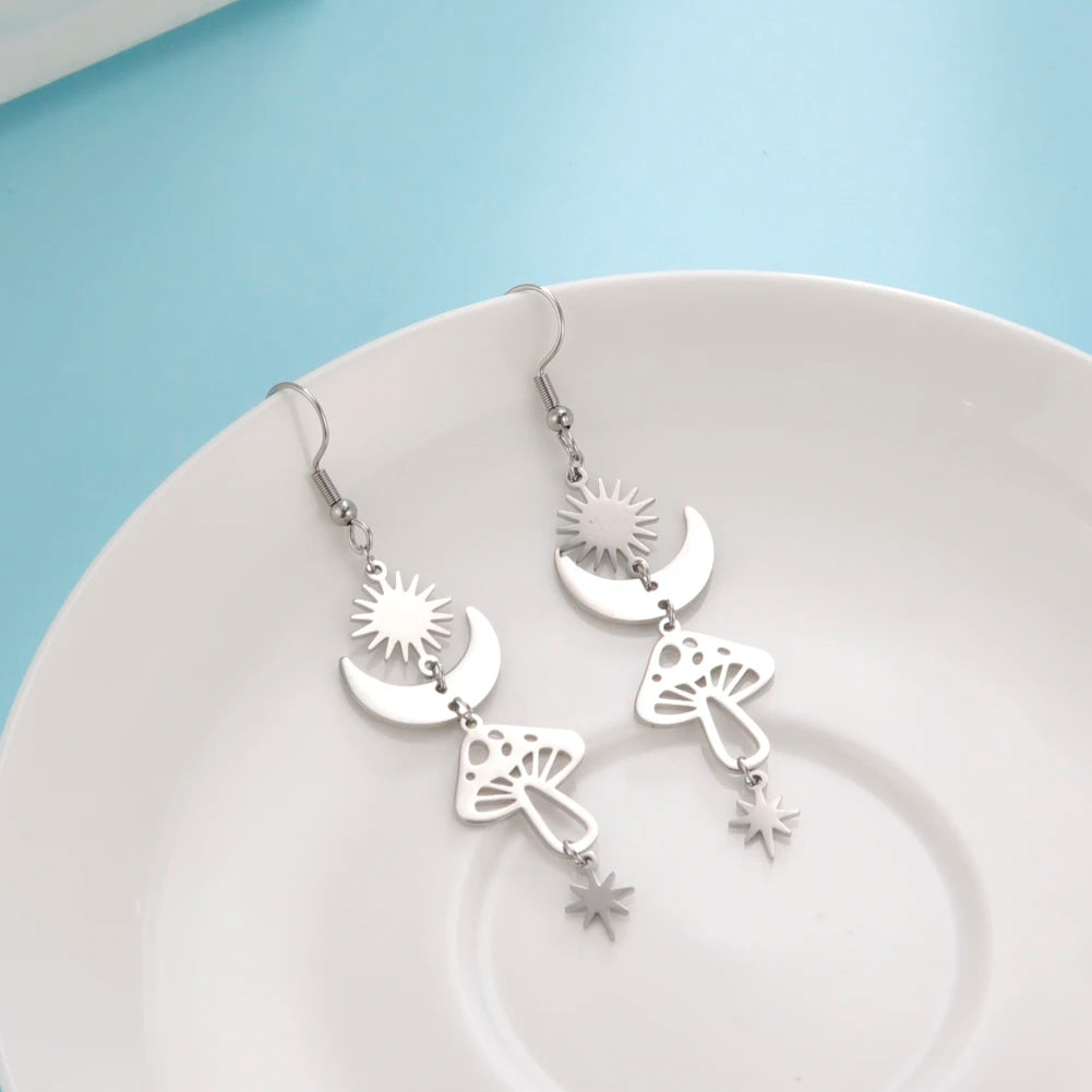 Star Sun Crescent Moon Mushroom Staineless Steel Dangle Earrings 