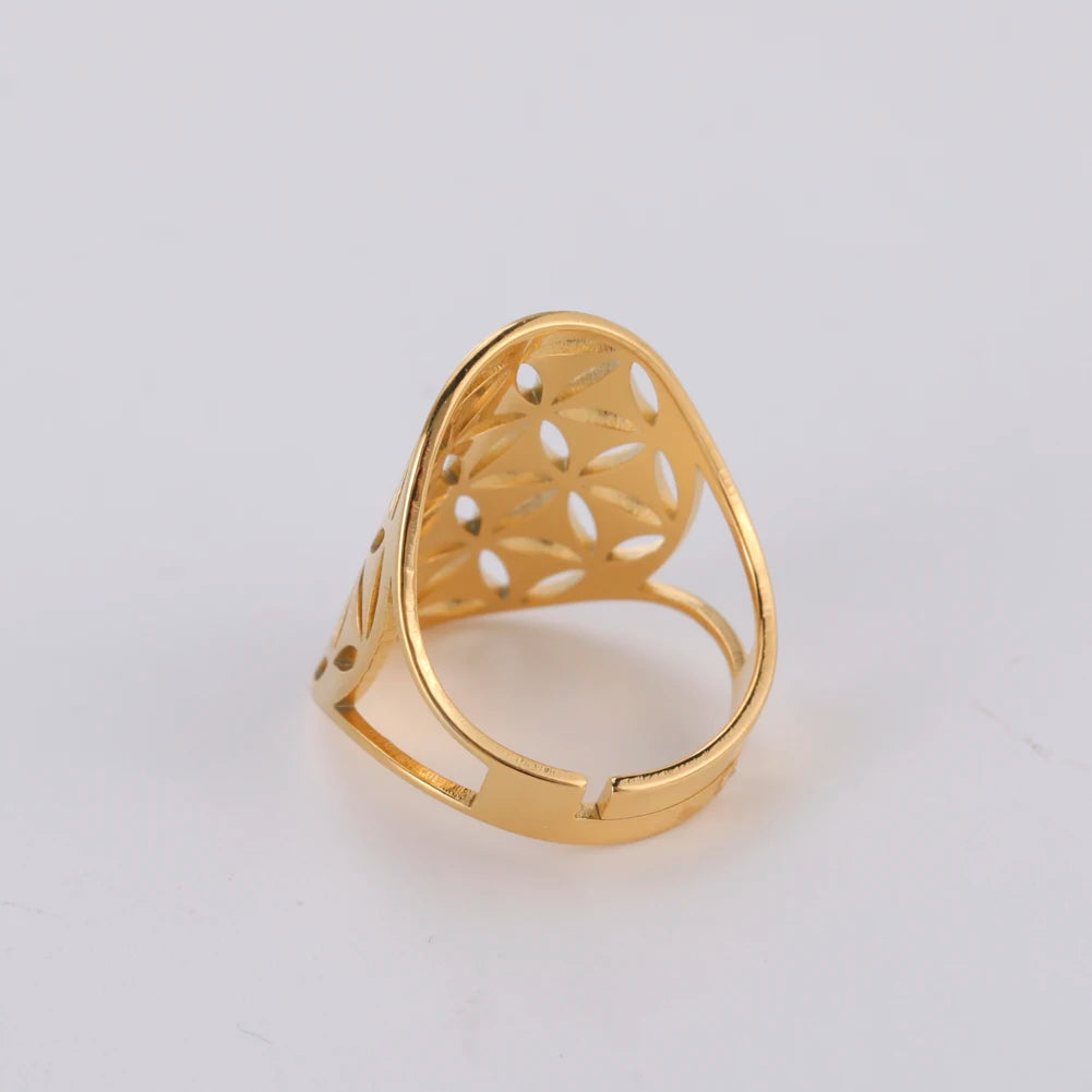 Flower of Life Rings Gold Color Stainless Steel Sacred Geometry Resizable Ring Jewelry 