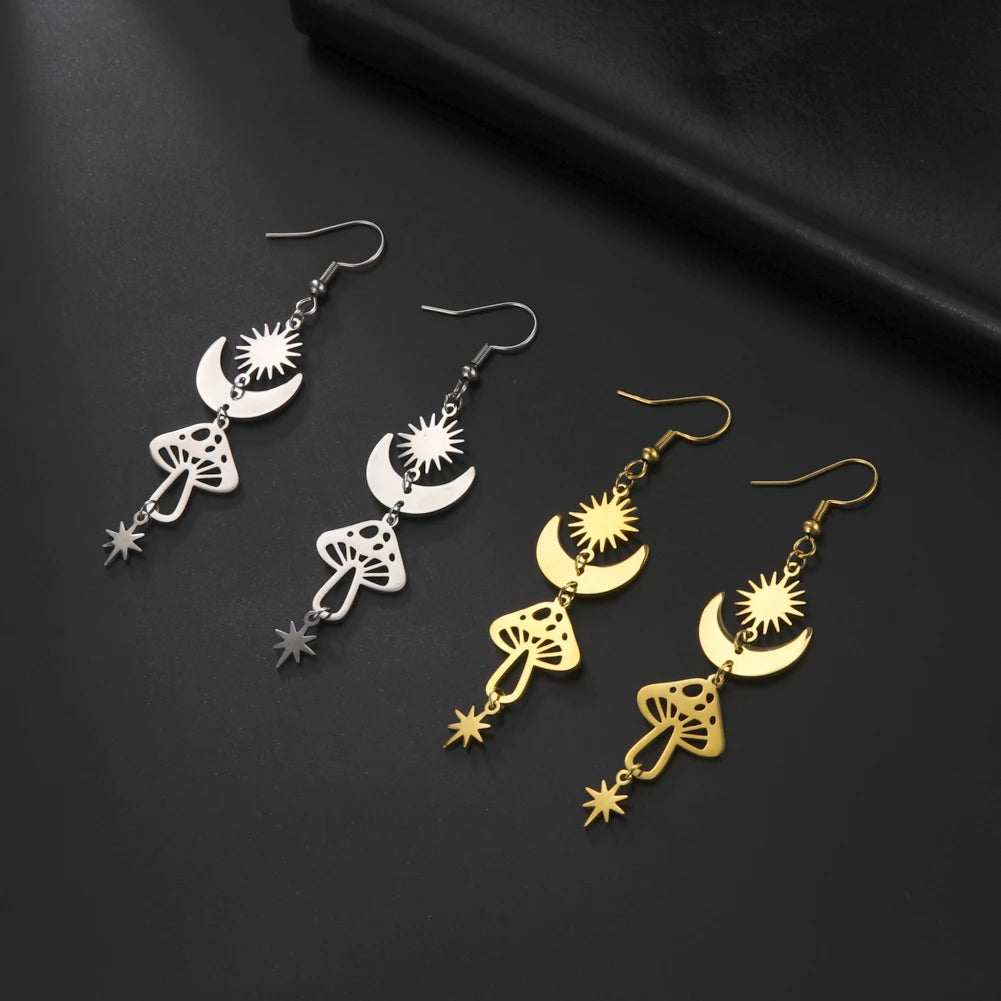 Star Sun Crescent Moon Mushroom Staineless Steel Dangle Earrings 